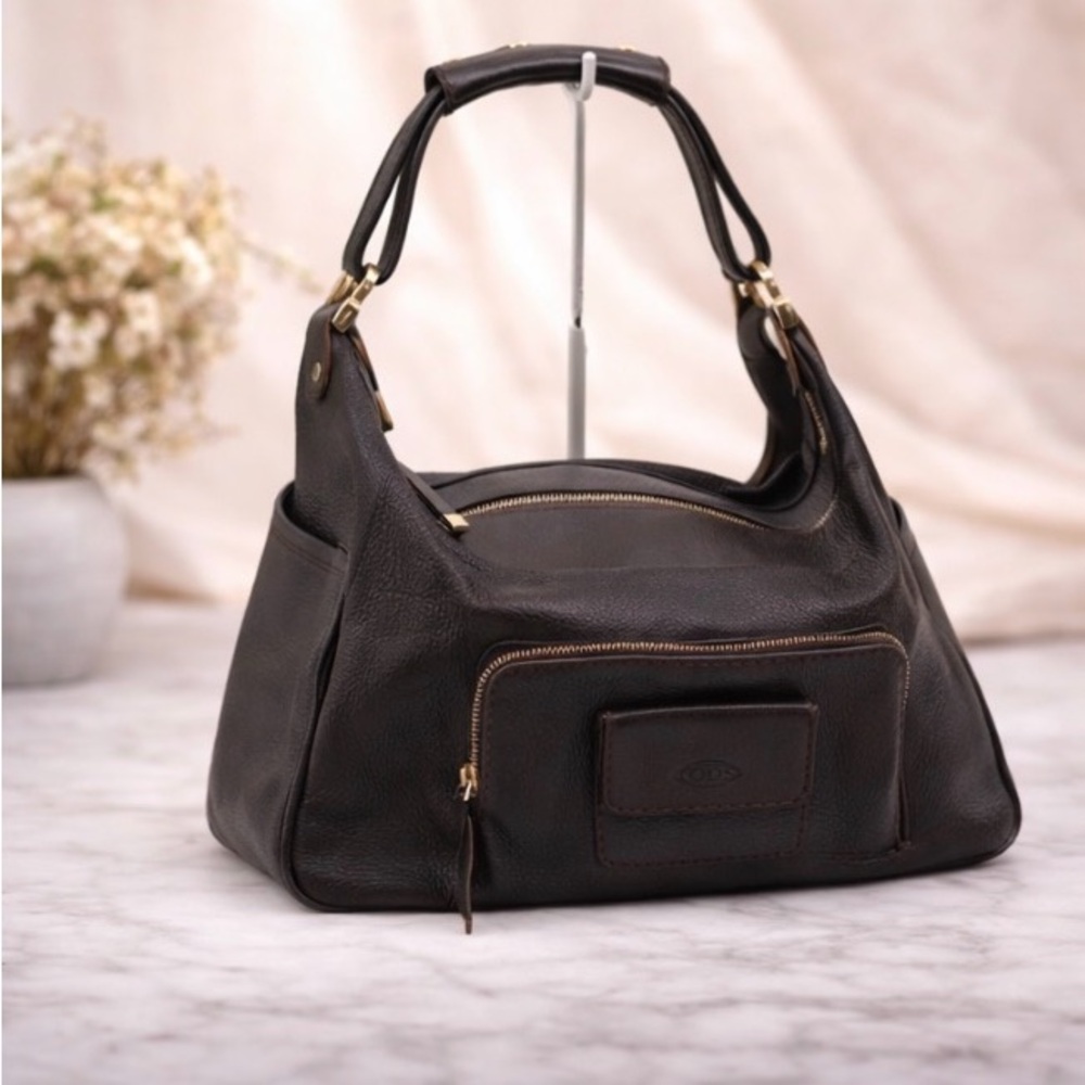 Tod’s Brown Pebbled Leather Shoulder Bag Luxury Designer Hobo Italy Handbag